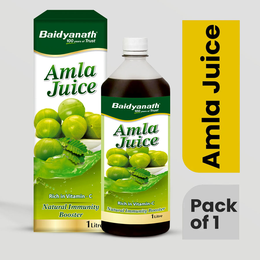 Pack of 1 Baidyanath amla juice box and bottle.