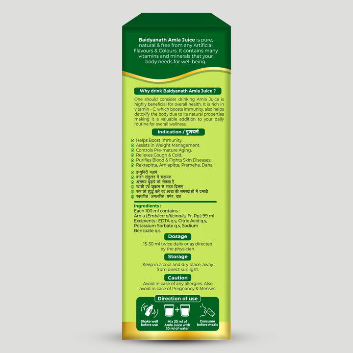 Back label of Baidyanath Amla Juice showing benefits, ingredients, dosage, storage instructions, cautions, and usage directions.