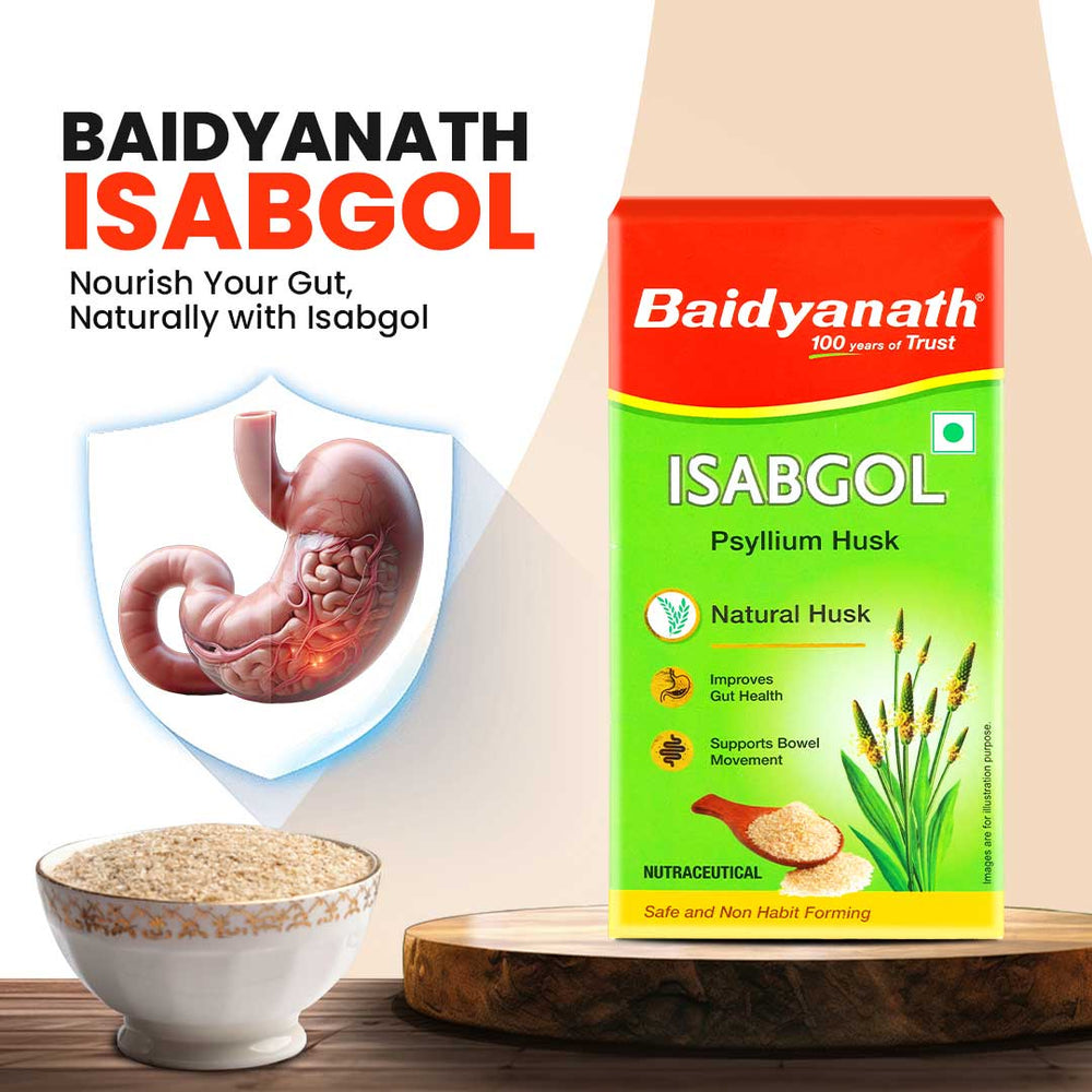 Baidyanath Isabgol Psyllium Husk for natural gut health. The image features a Baidyanath Isabgol box with benefits listed, including improved gut health and better bowel movement. A shield with a digestive system graphic and a bowl of psyllium husk is shown, emphasizing natural and non-habit-forming relief.