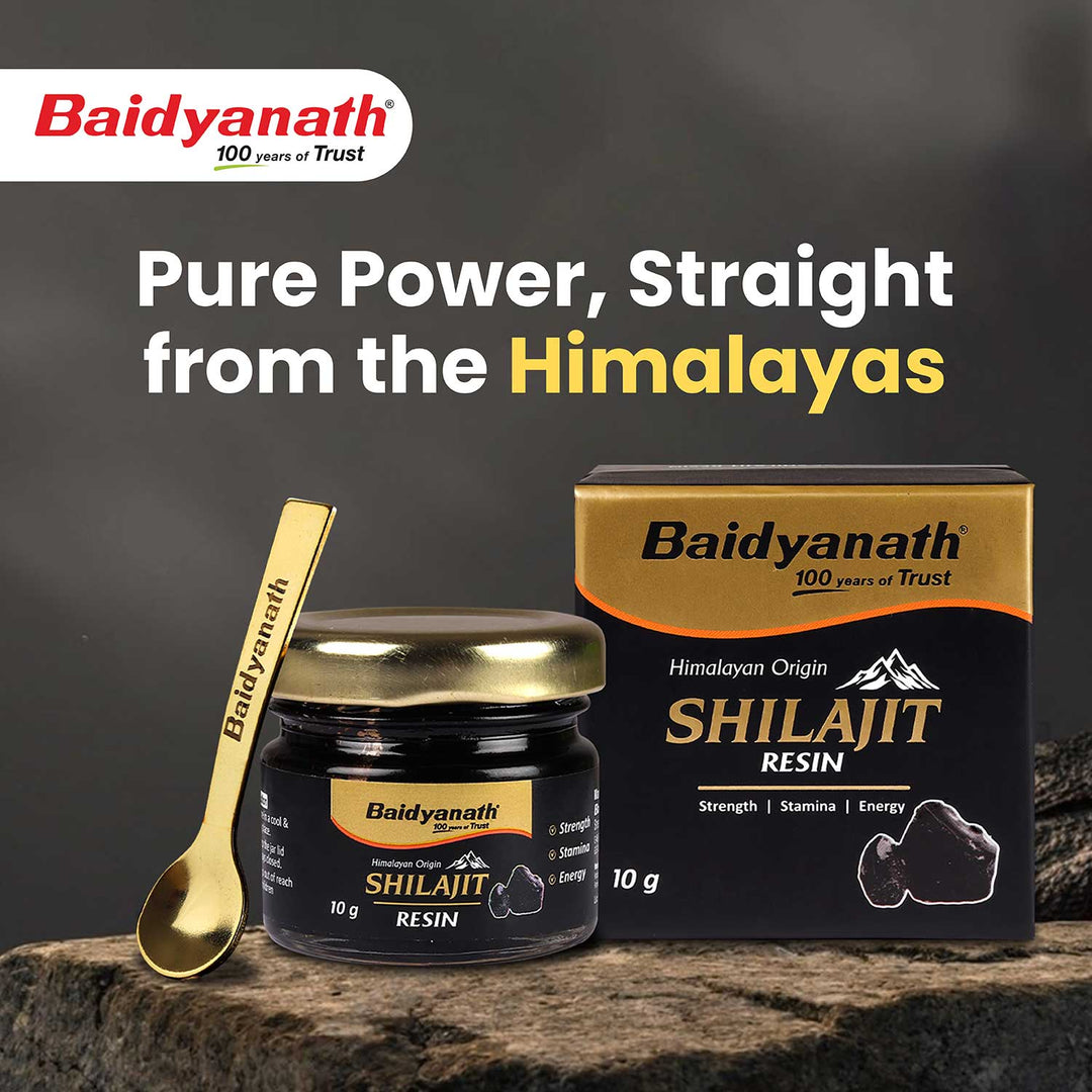 Baidyanath shilajit resin box with spoon highlight the tagline