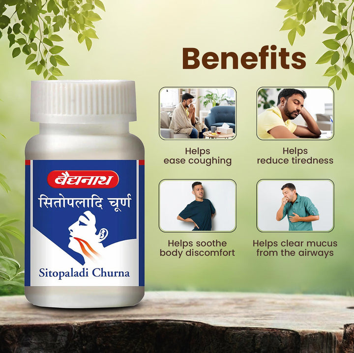 Baidyanath Sitopaladi Churna bollte highlight the Banefits picture.