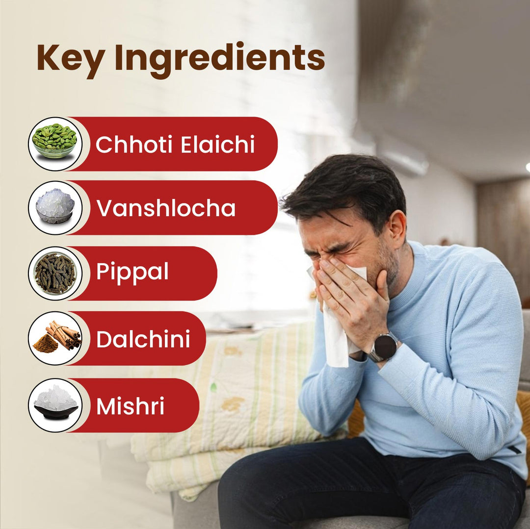 A man sneezing, covering his nose with a handkerchief. Highlighting key ingredients: Chhoti Elaichi, Vanshlochan, Pippal, Dalchini, and Mishri.