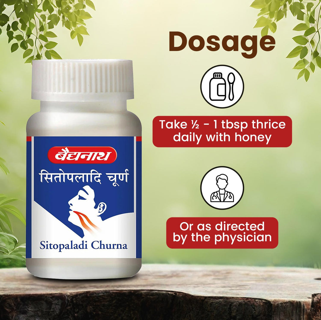Baidyanath Sitopaladi Churna bottle highlight the Dosage icons.