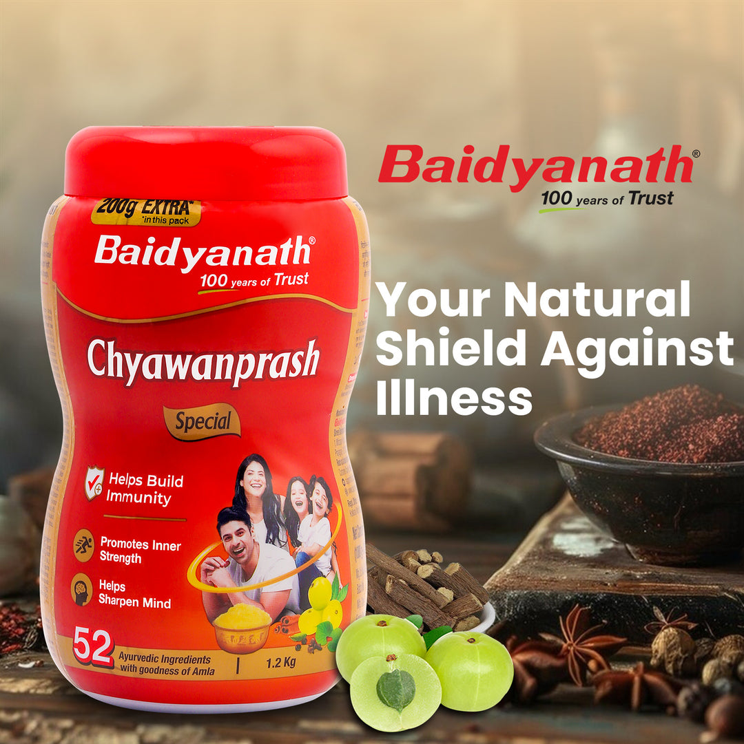 Baidyanath Chyawanprash 1.2kg box with its key ingredients in the background, accompanied by the tagline 'Your Natural Shield Against Illness.