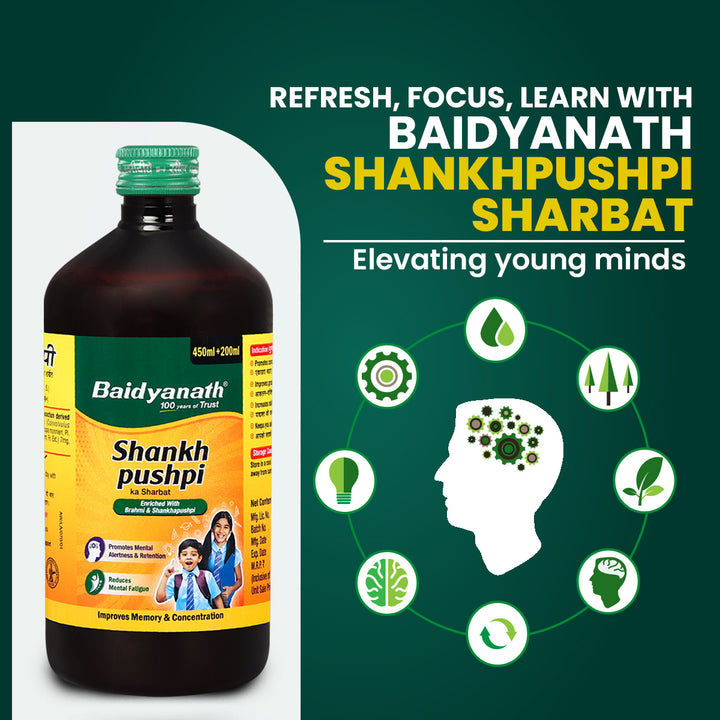 Baidyanath Shankhapushpi Sharbat - 650 ml ( 450ml+200ml Free) | Helps Improve Memory, Cognitive skills & Mental fatigue