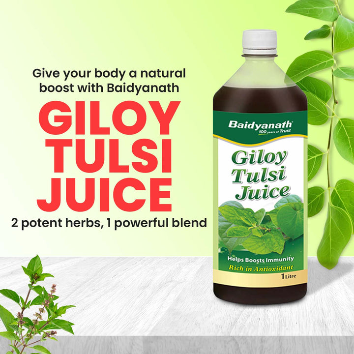 Baidyanath Giloy Tulsi Juice 1L bottle with text highlighting immunity boost, antioxidants, and natural herbal blend.