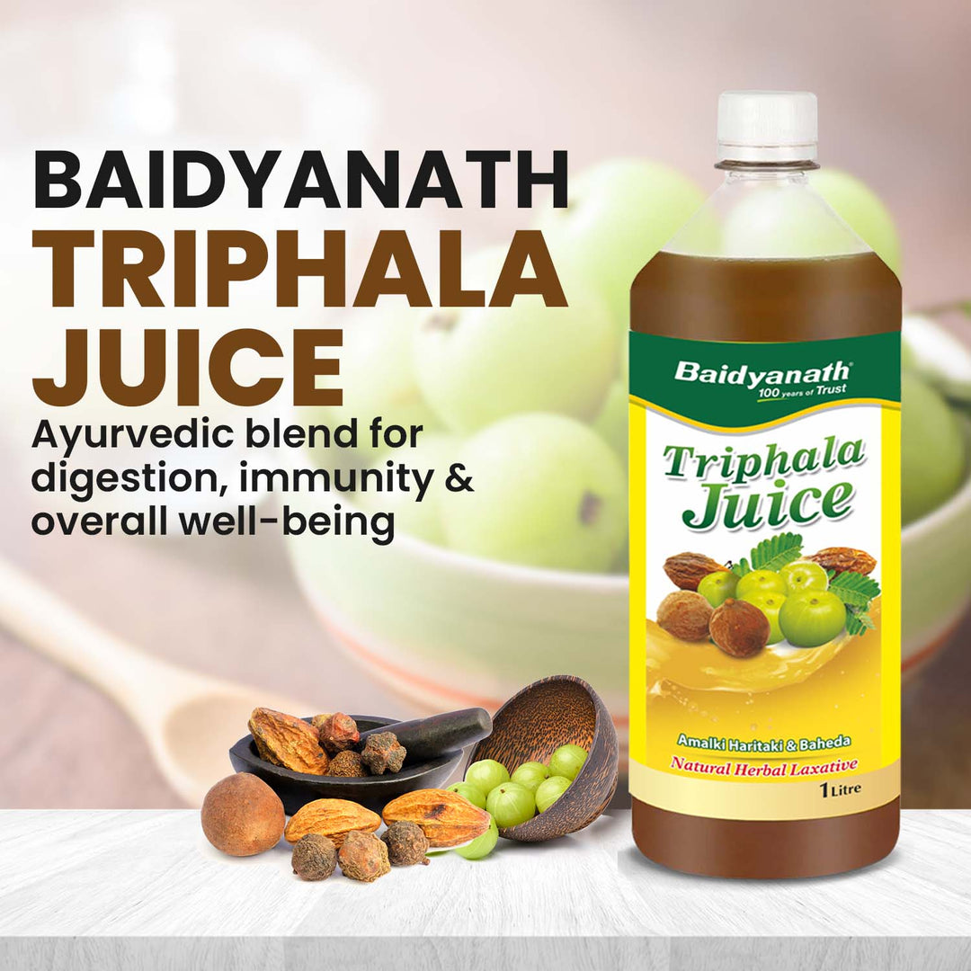 Baidyanath Triphala Juice bottle with herbs; promotes digestion, immunity, and overall well-being; Ayurvedic blend.