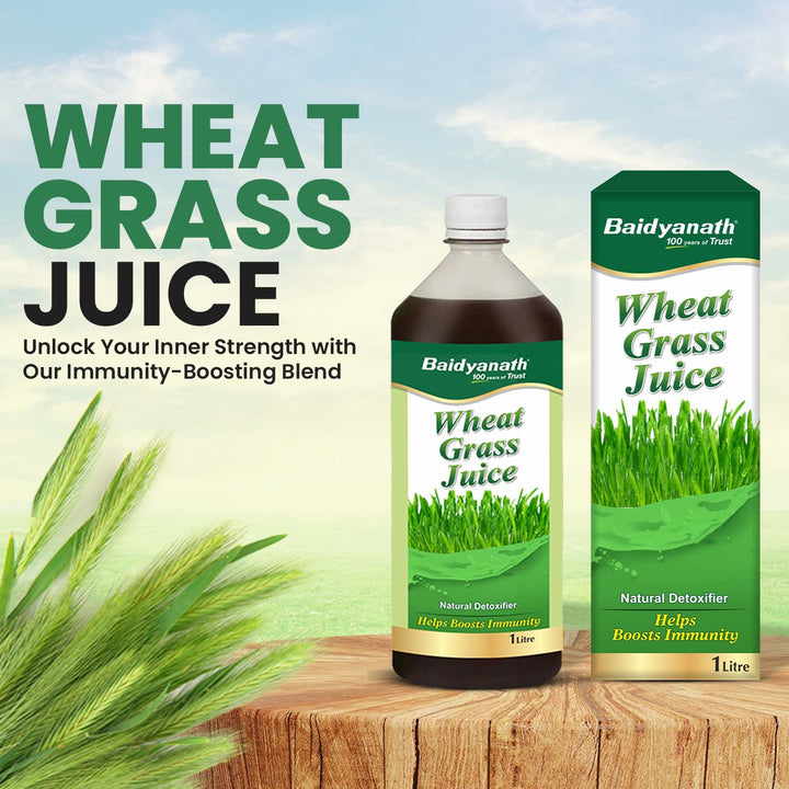 Baidyanath Wheat Grass Juice bottle and packaging with text highlighting its natural detoxifying and immunity-boosting properties.