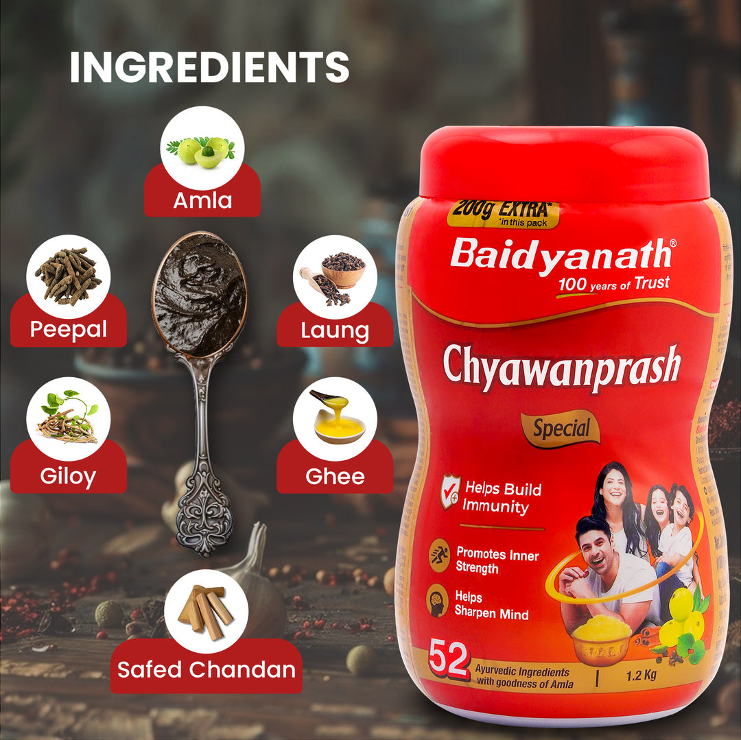 Baidyanath Chyawanprash 1.2kg box with its key ingredients 'amla, peepal, laung, giloy, ghee, safed chandan'