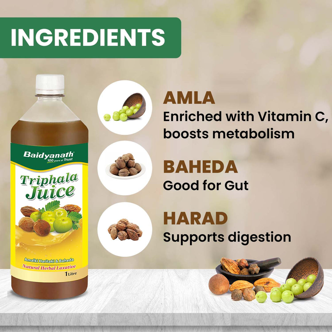 Baidyanath Triphala Juice ingredients: Amla for metabolism, Baheda for gut health, and Harad for digestion support.