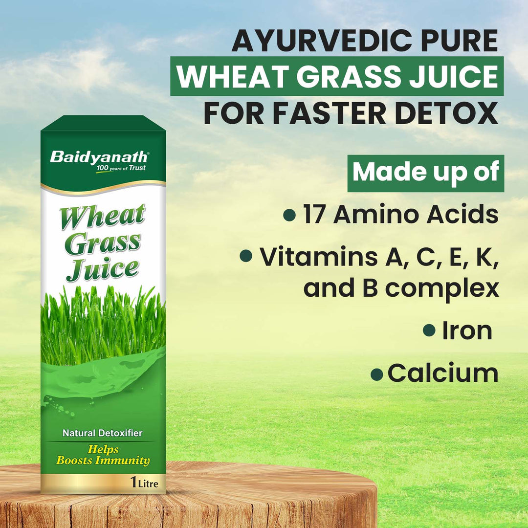 Baidyanath Wheat Grass Juice pack highlighting its Ayurvedic detox benefits and rich nutrient content including vitamins and minerals.