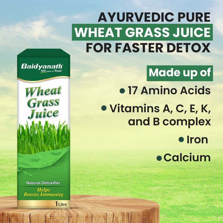 Baidyanath Wheat Grass Juice pack highlighting its Ayurvedic detox benefits and rich nutrient content including vitamins and minerals.
