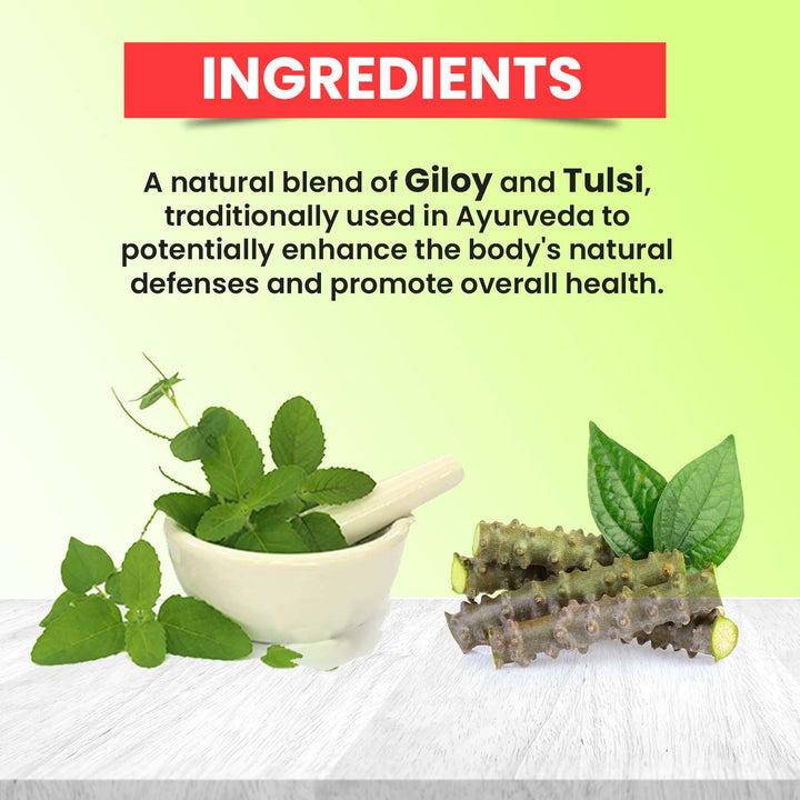 Ingredients of Baidyanath Giloy Tulsi Juice showing Giloy and Tulsi herbs used for boosting immunity and overall health.