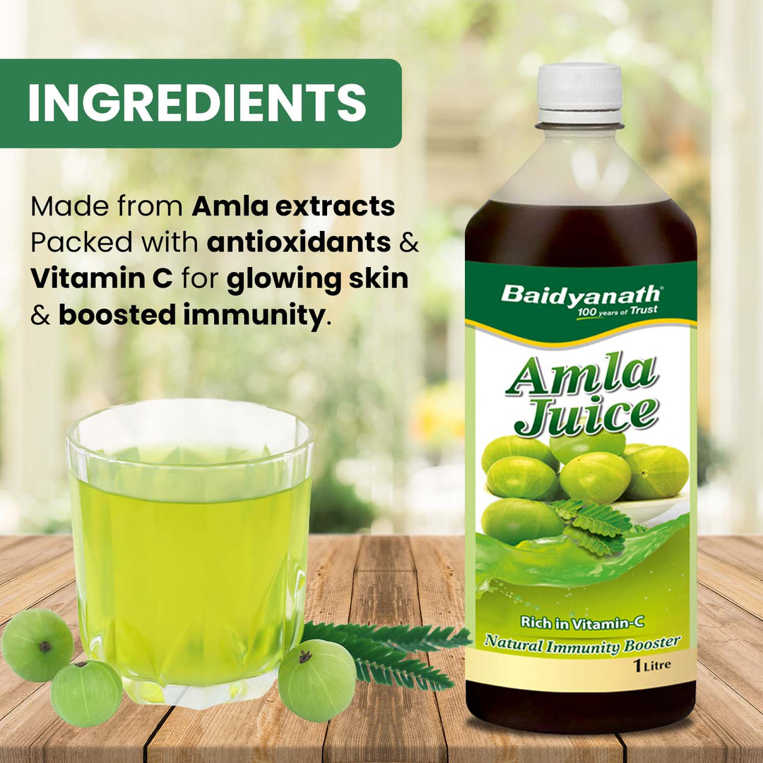 Baidyanath Amla Juice bottle with a glass of green amla juice, fresh amla fruits, and text highlighting ingredients—amla extracts, antioxidants, and Vitamin C for glowing skin and boosted immunity.