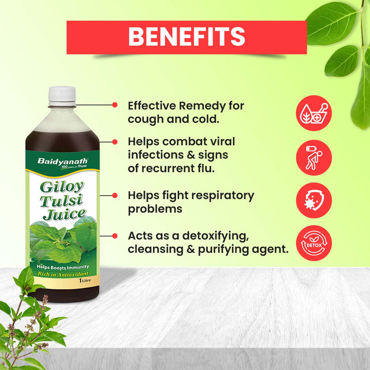 Baidyanath Giloy Tulsi Juice 1L bottle with listed benefits for cough, cold, flu, respiratory issues, and body detox.