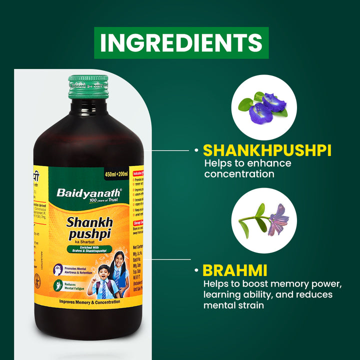 Baidyanath Shankhapushpi Sharbat - 650 ml ( 450ml+200ml Free) | Helps Improve Memory, Cognitive skills & Mental fatigue