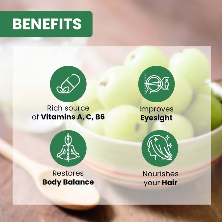Benefits of Amla Juice: rich in Vitamins A, C, B6; improves eyesight, restores body balance, and nourishes hair.
