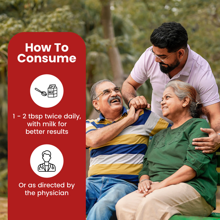 A man places his hand on an elderly man and woman's shoulders behind the chair, both smiling at each other. The tagline displays 'How to consume'.