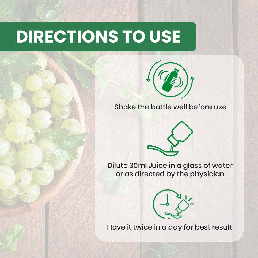 Directions for using Amla Juice: shake well, dilute 30ml in water, and consume twice daily or as advised by a physician.
