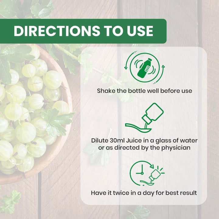 Directions for using Amla Juice: shake well, dilute 30ml in water, and consume twice daily or as advised by a physician.