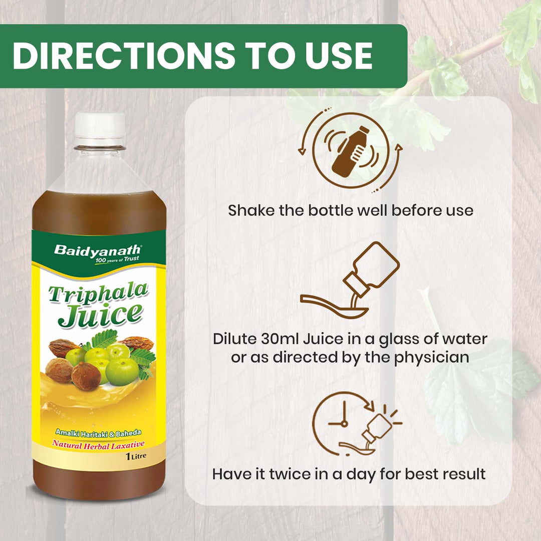 Baidyanath Triphala Juice usage instructions: Shake well, dilute 30ml in water, take twice daily for best results.