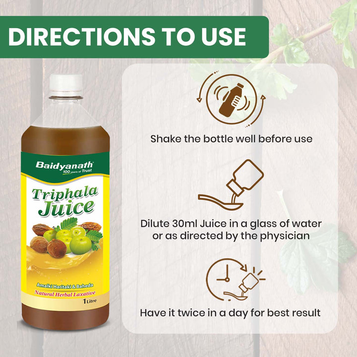 Baidyanath Triphala Juice usage instructions: Shake well, dilute 30ml in water, take twice daily for best results.