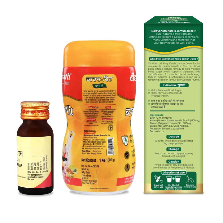 Baidyanath Diabetes Care Combo - Karela Jamun Juice 1 litre | Basant Kusumakar Ras Tab 25 | Chyawan Vit 1kg