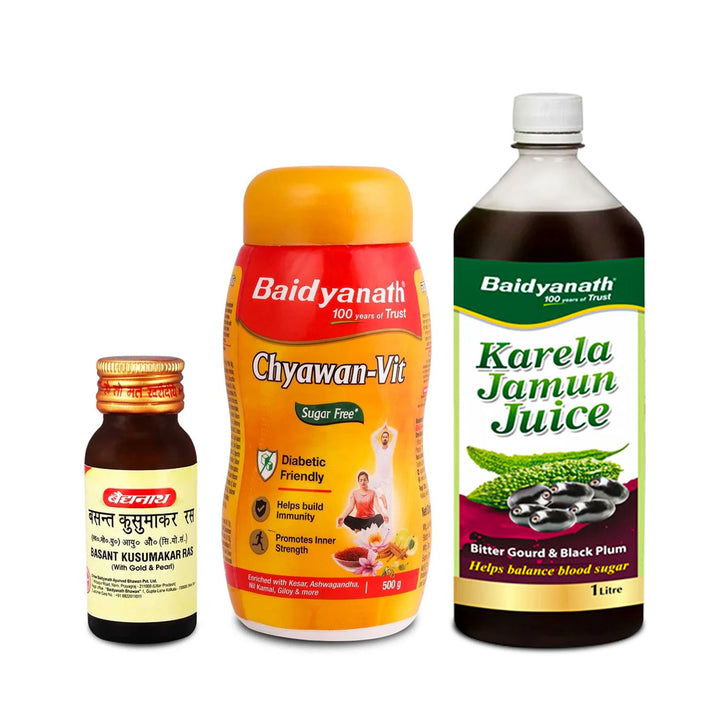Baidyanath Diabetes Care Combo - Karela Jamun Juice 1 litre | Basant Kusumakar Ras Tab 25 | Chyawan Vit 1kg
