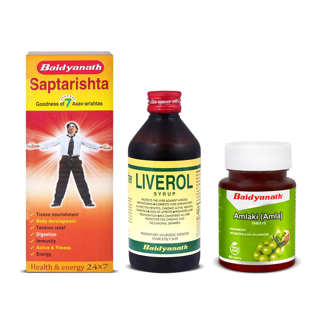 Badiayanth Gut Health Combo - Livrol Syrup-200ml | Saptarishta 450 ml | Amlaki Tablet 60 Tablets