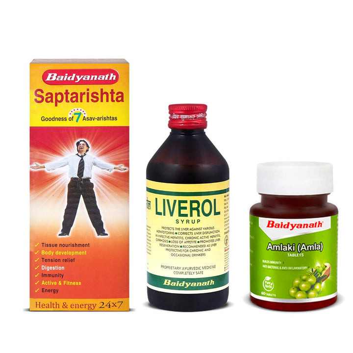Badiayanth Gut Health Combo - Livrol Syrup-200ml | Saptarishta 450 ml | Amlaki Tablet 60 Tablets