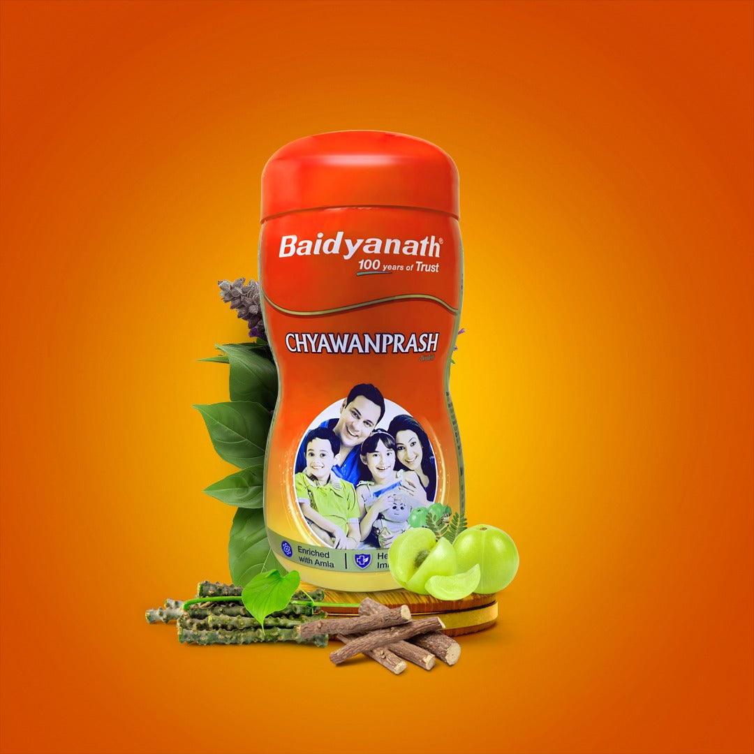 Baidyanath chyawanprash avleha with ingredients like amla, ashwagandha etc.
