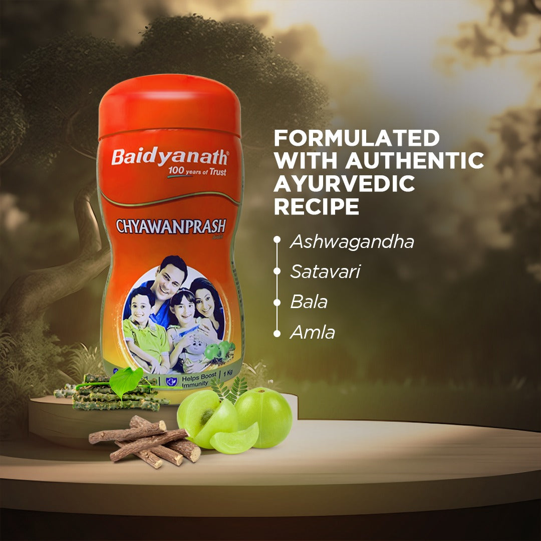 Baidyanath Chyawanprash Avleha box, with ingredients ashwagandha, satavari, bala, amla.