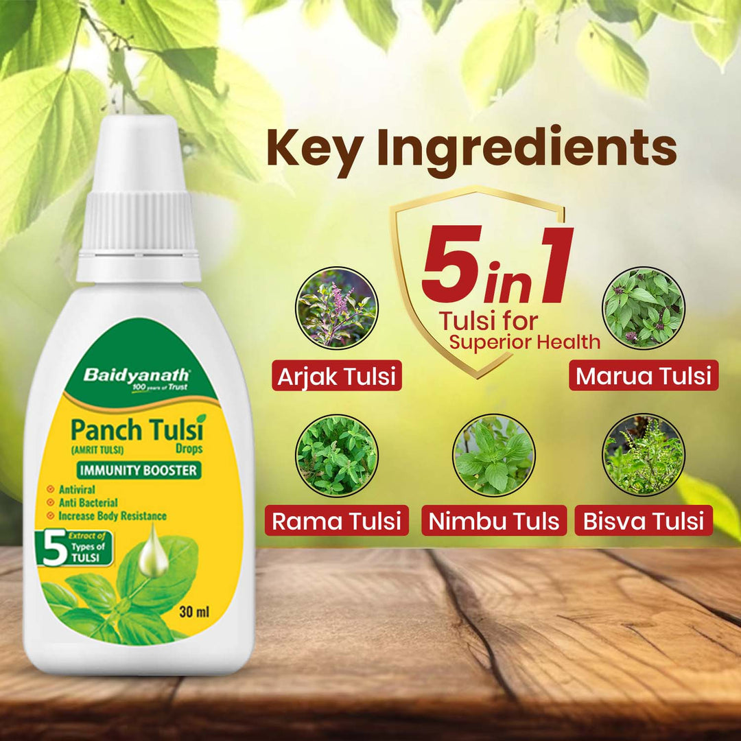 Baidyanath Panch Tulsi Drops - 30 ml | Natural Immunity Booster with Goodness of Five Types of Tulsi (Pack of 1)