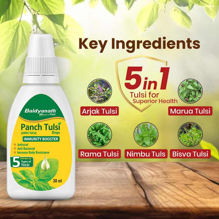 Baidyanath Panch Tulsi Drops - 30 ml | Natural Immunity Booster with Goodness of Five Types of Tulsi (Pack of 1)