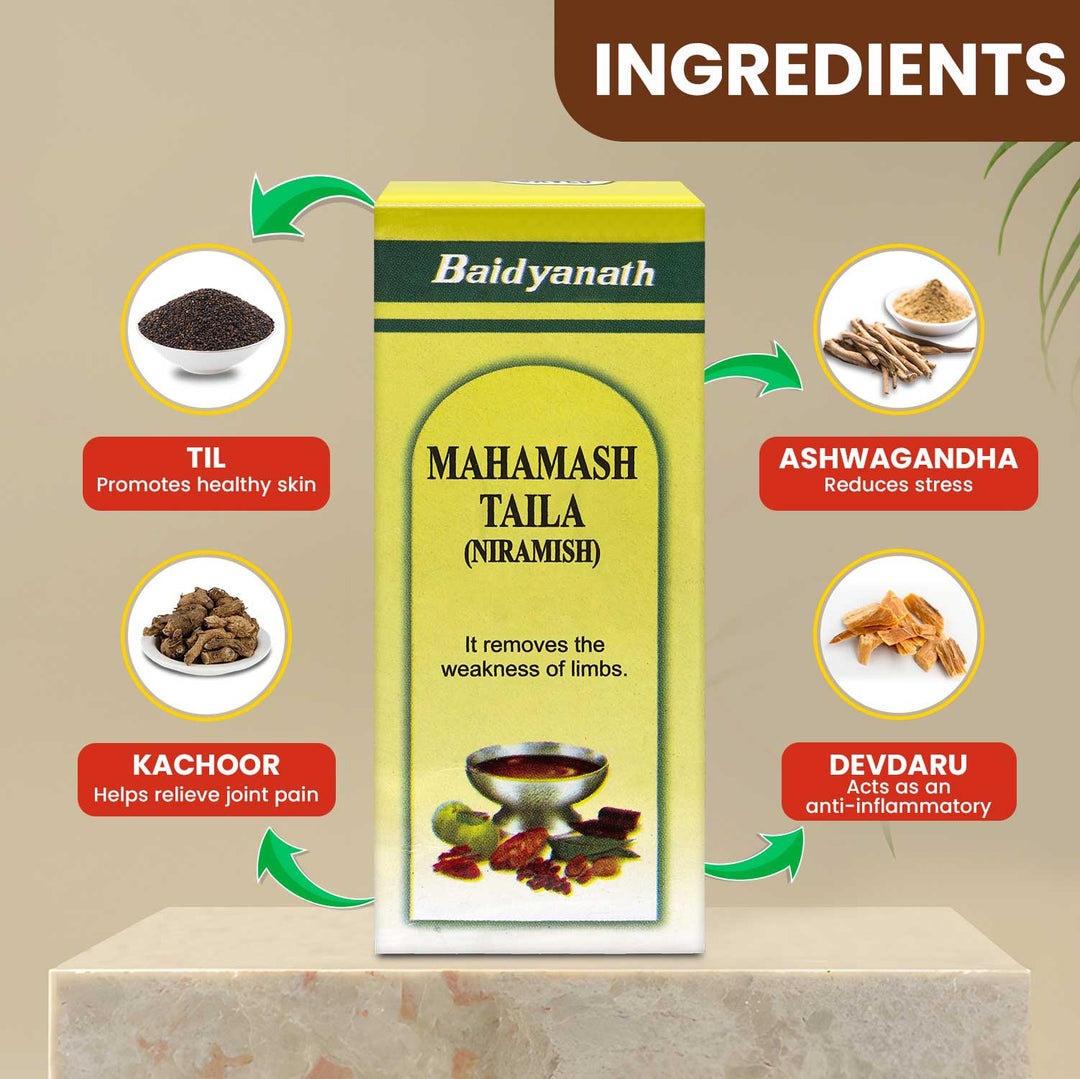 Ingredients of Baidyanath Mahamash Taila: Til, Kachoor, Ashwagandha, and Devdaru with their health benefits shown.