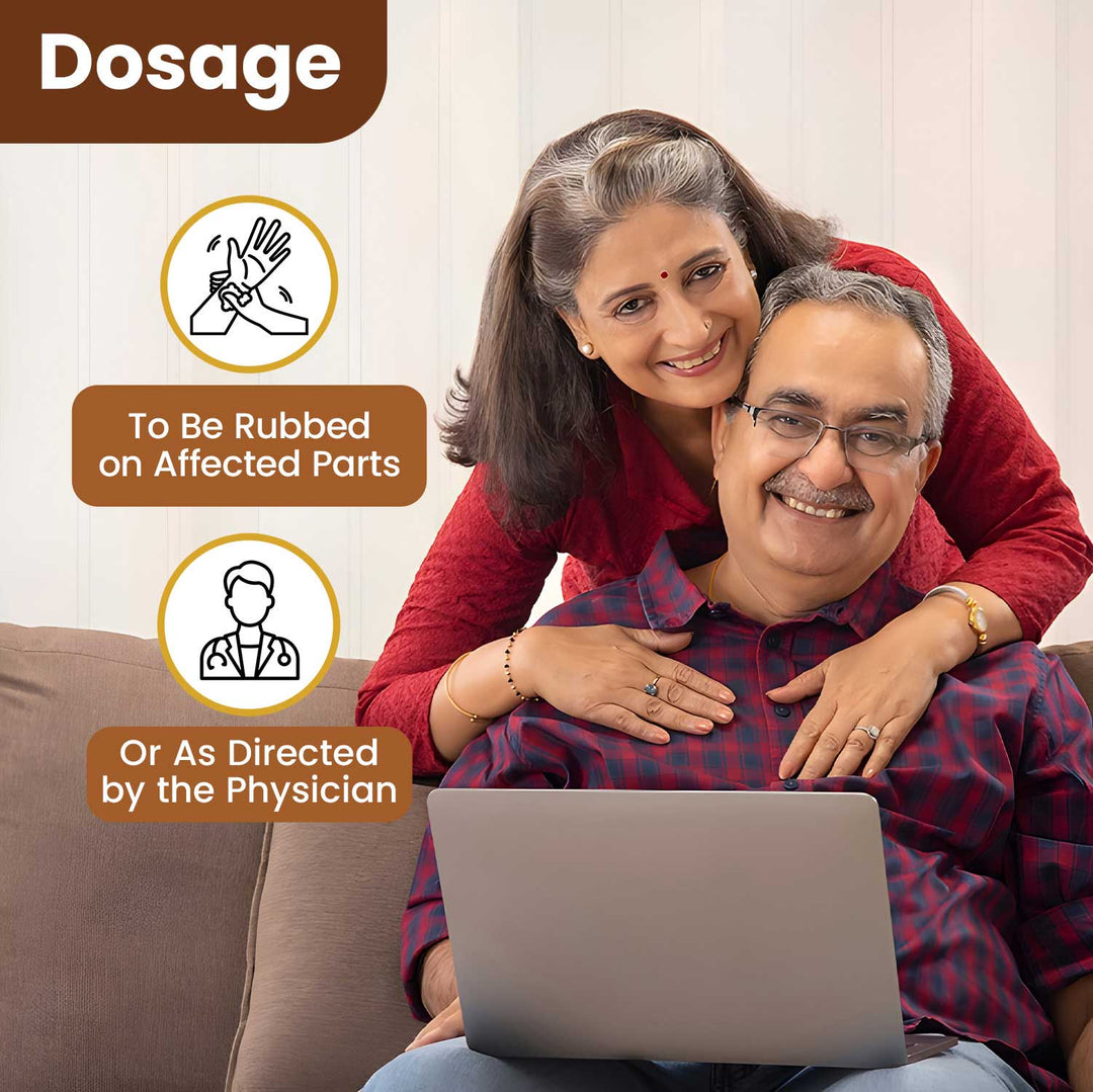 Smiling elderly couple with laptop; dosage info: rub on affected parts or as directed by physician, shown with icons.