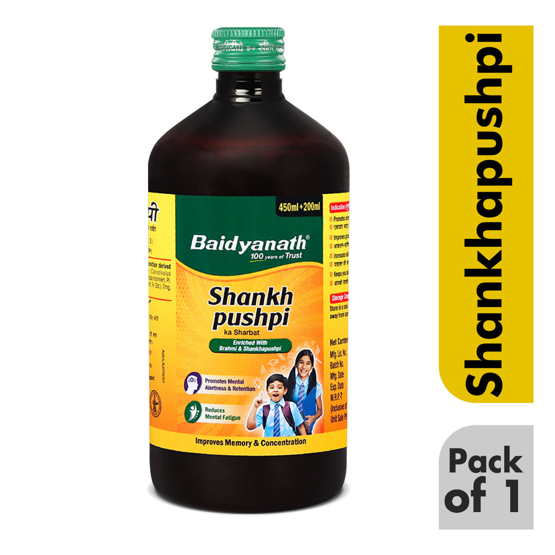 Baidyanath Shankhapushpi Sharbat - 650 ml ( 450ml+200ml Free) | Helps Improve Memory, Cognitive skills & Mental fatigue