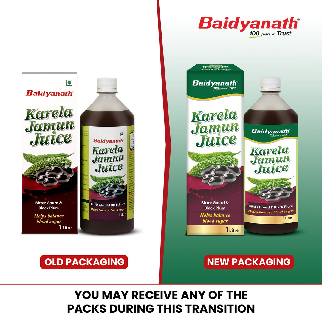 Comparison of Baidyanath Karela Jamun Juice old and new packaging with a note stating packs may vary during transition.