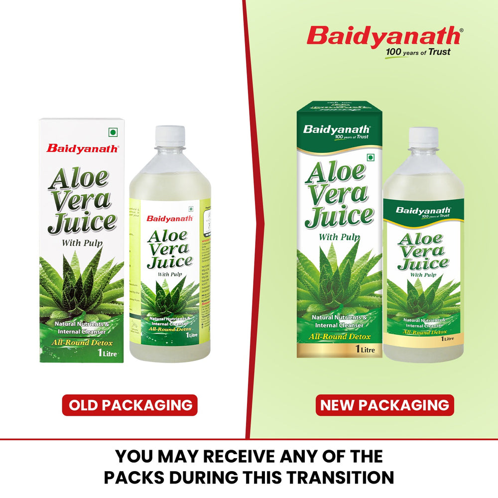Comparison of Baidyanath Aloe Vera Juice old and new packaging; either may be delivered during the transition phase.