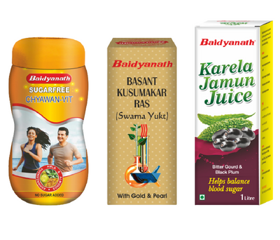Baidyanath Diabetes Care Combo - Karela Jamun Juice 1 litre | Basant Kusumakar Ras Tab 25 | Chyawan Vit 1kg