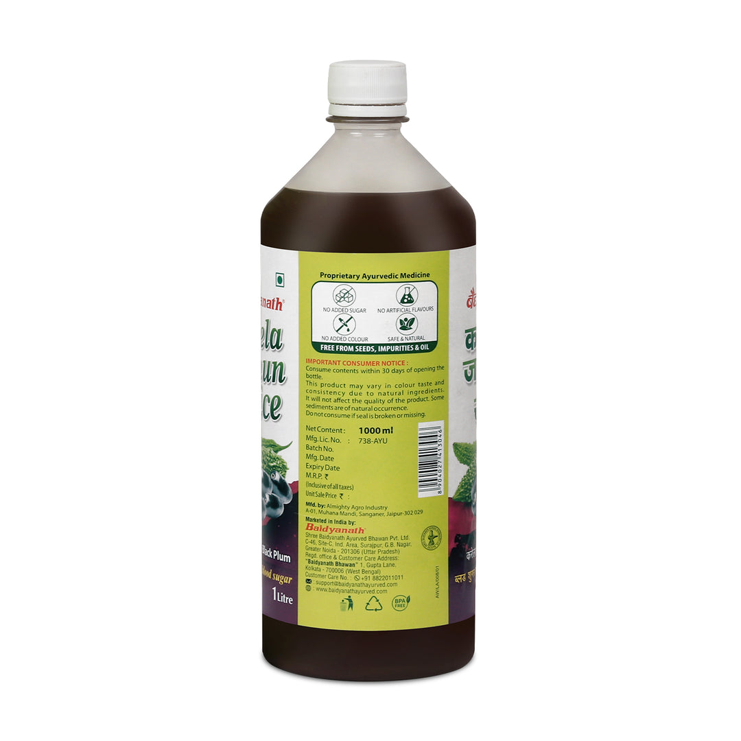 Back view of Baidyanath Karela Jamun Juice 1 Litre bottle displaying product details, ingredients, and consumer information. The label highlights no added sugar, artificial flavors, or colors, and mentions Ayurvedic benefits.