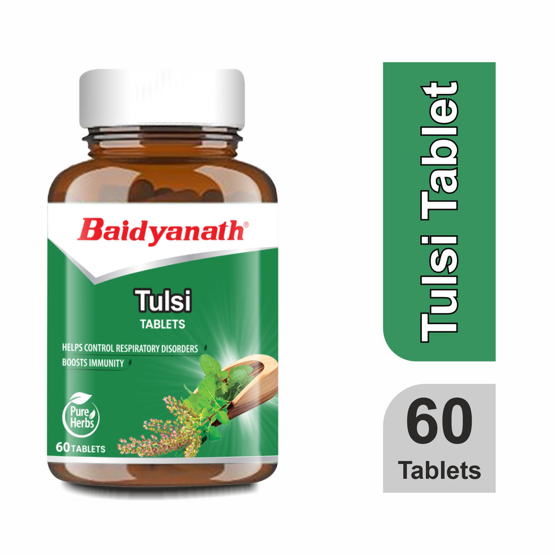 Baidyanath Tulsi Tablets bottle with 60 tablets. The label highlights benefits such as helping control respiratory disorders and boosting immunity. The packaging features a green theme with an image of tulsi leaves and wood.