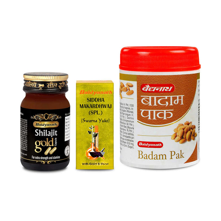 Baidyanath Sexual Well being Combo Badam Pak-100G | Siddh Makardhwaj-10 TB | Shilajeet Gold-10 Cap