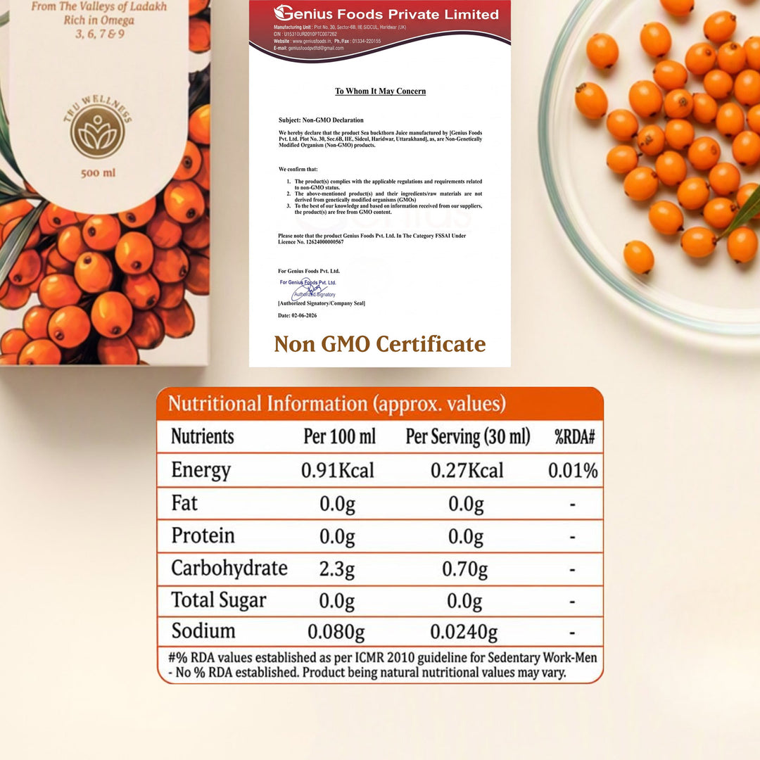 Baidyanath Sea Buckthorn Juice 500ml | Himalayan Ladakh Berry Fruit Pulp Concentrate | Rich in Omega 3, 6, 7 & 9