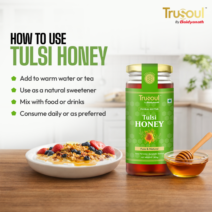 Trusoul By Baidyanath Pure & Natural Tulsi Honey- 500gm | Natural Immunity Booster | Raw & Unprocessed Honey | Forest Honey