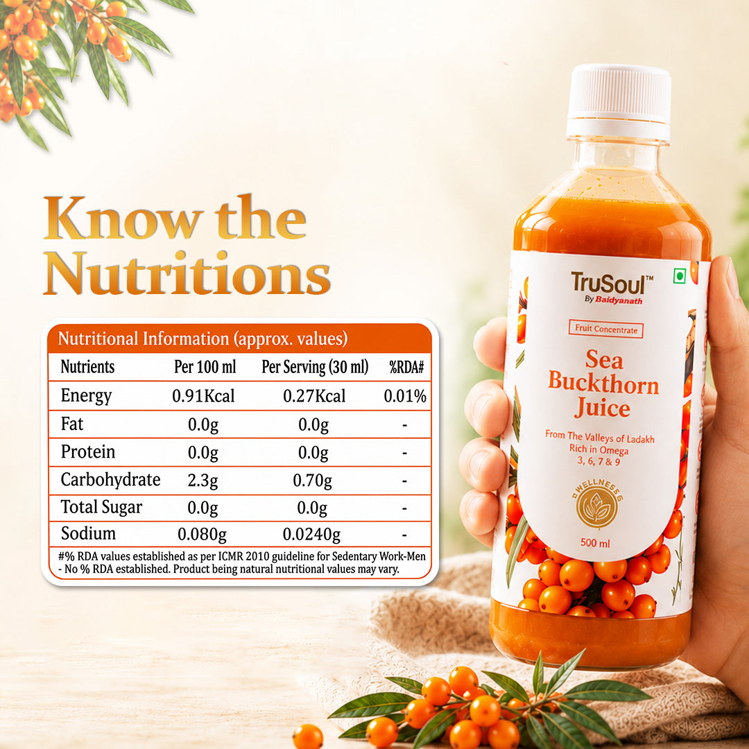 Baidyanath Sea Buckthorn Juice 500ml | Himalayan Ladakh Berry Fruit Pulp Concentrate | Rich in Omega 3, 6, 7 & 9