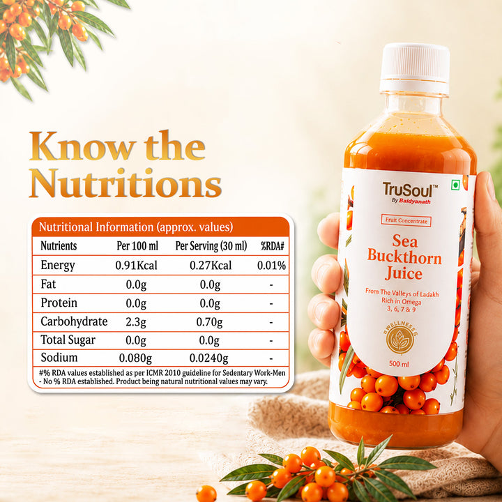 Baidyanath Sea Buckthorn Juice 500ml | Himalayan Ladakh Berry Fruit Pulp Concentrate | Rich in Omega 3, 6, 7 & 9