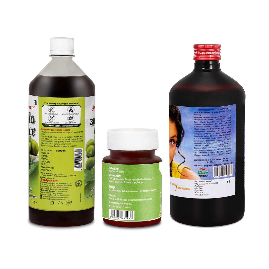Baidyanath Skincare Combo - Amla Juice 1 litre | Neem Tablet 60 Tablets | Surakta 450 ml
