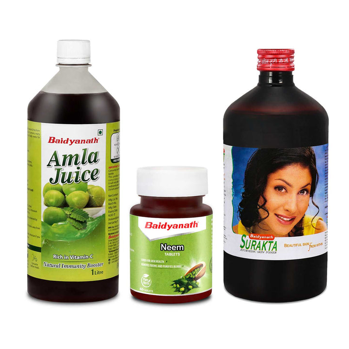Baidyanath Skincare Combo - Amla Juice 1 litre | Neem Tablet 60 Tablets | Surakta 450 ml