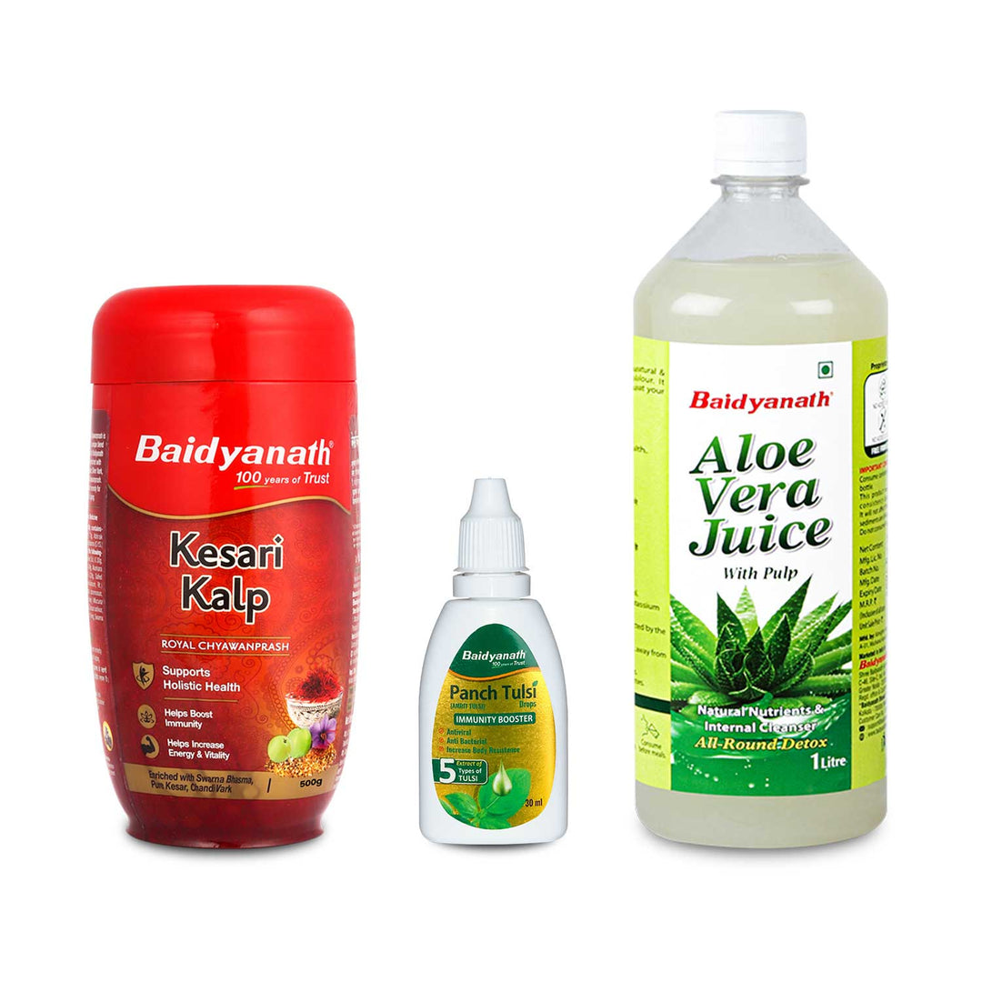 Baidyanath Healthy Gift Pack Combo Aloe Vera Juice-1 Ltr | Kesari Kalp Chyawanprash 500 G | Panch Tulsi Drops 30 Ml